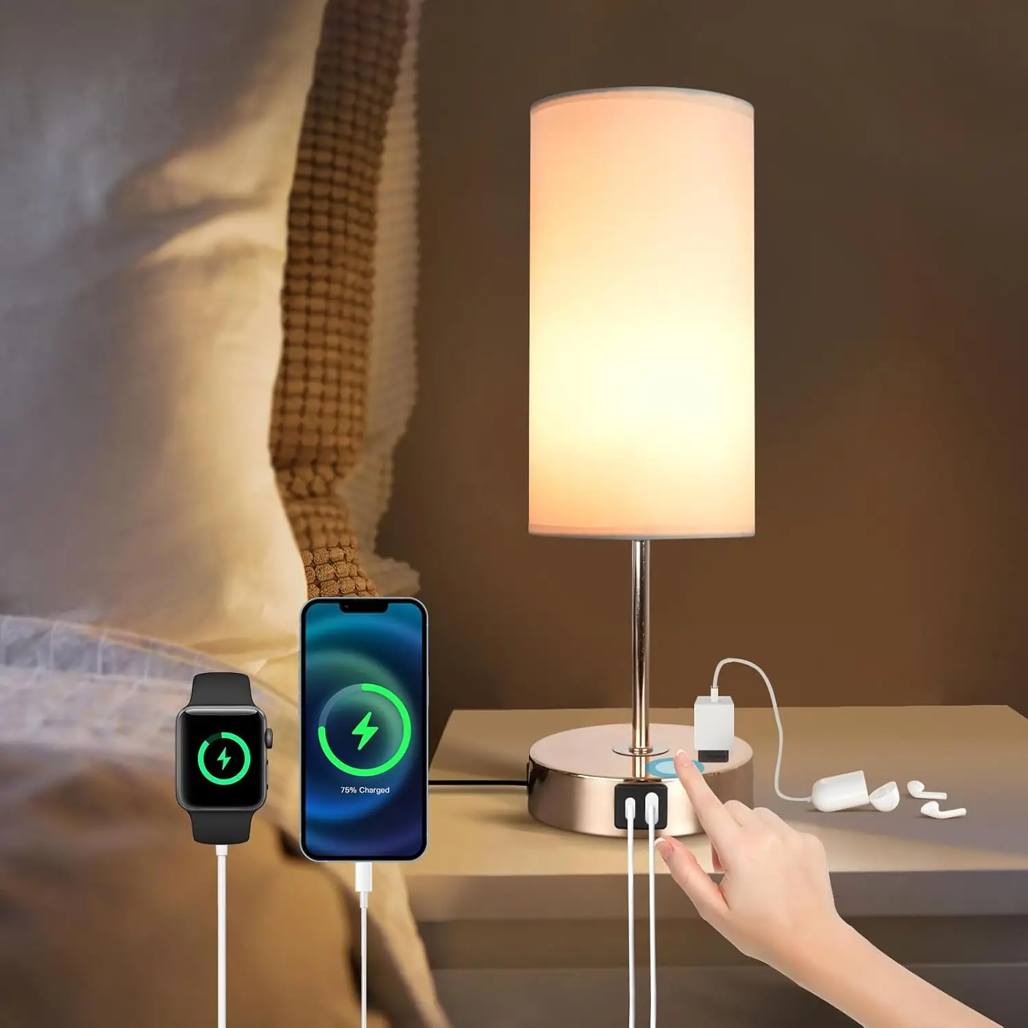 

Gold Touch Table Lamp with USB Port - 3-Way Dimmable Desk Lamp, Cute Gold Base & White Shade for Bedroom, Living Room, Dorm