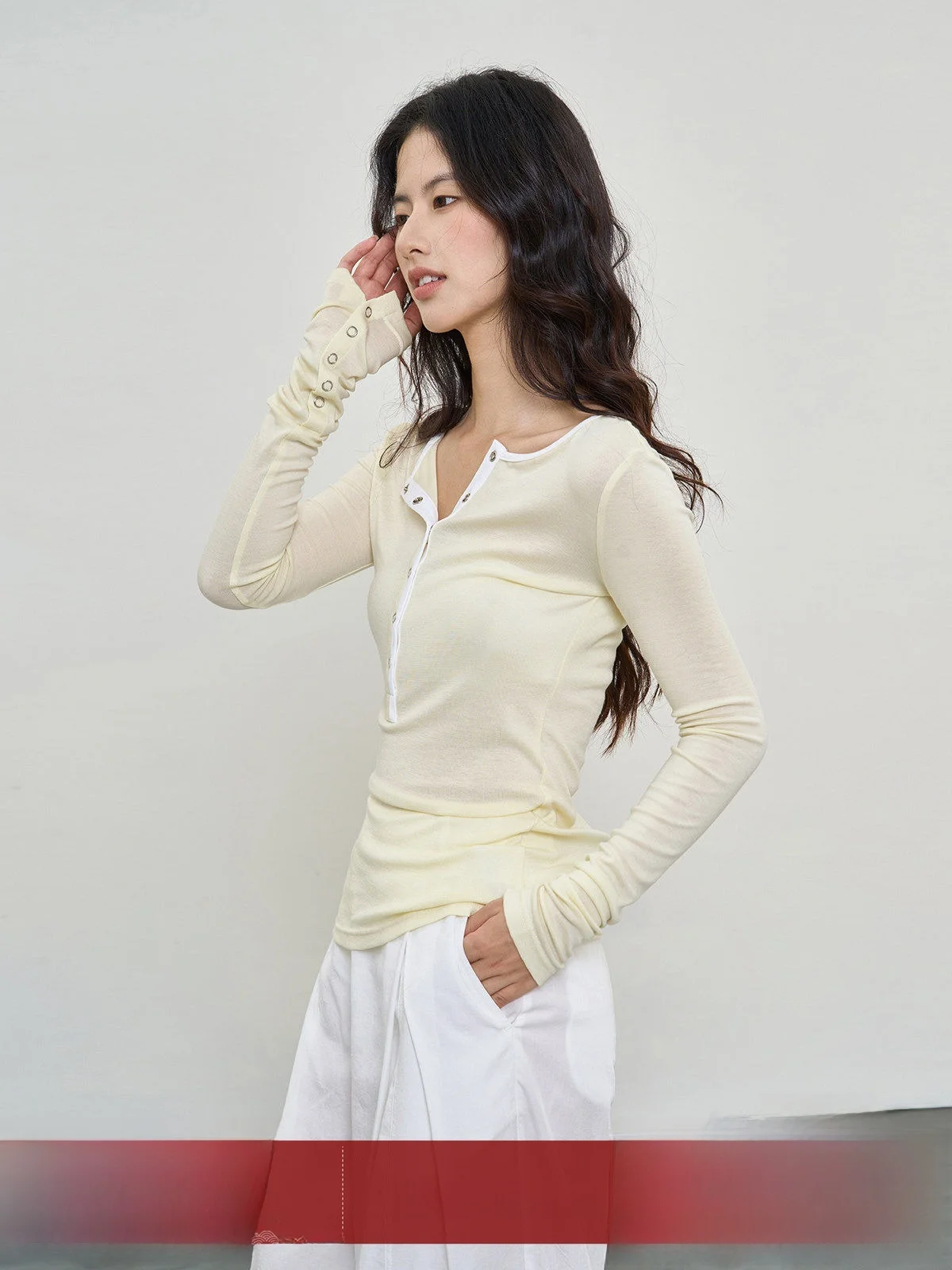 Slim Fit Yellow Long Sve Henry Collar T-irt Women's Faion Autumn New Sle Versatile Base Layer Top Korean Sle Commute