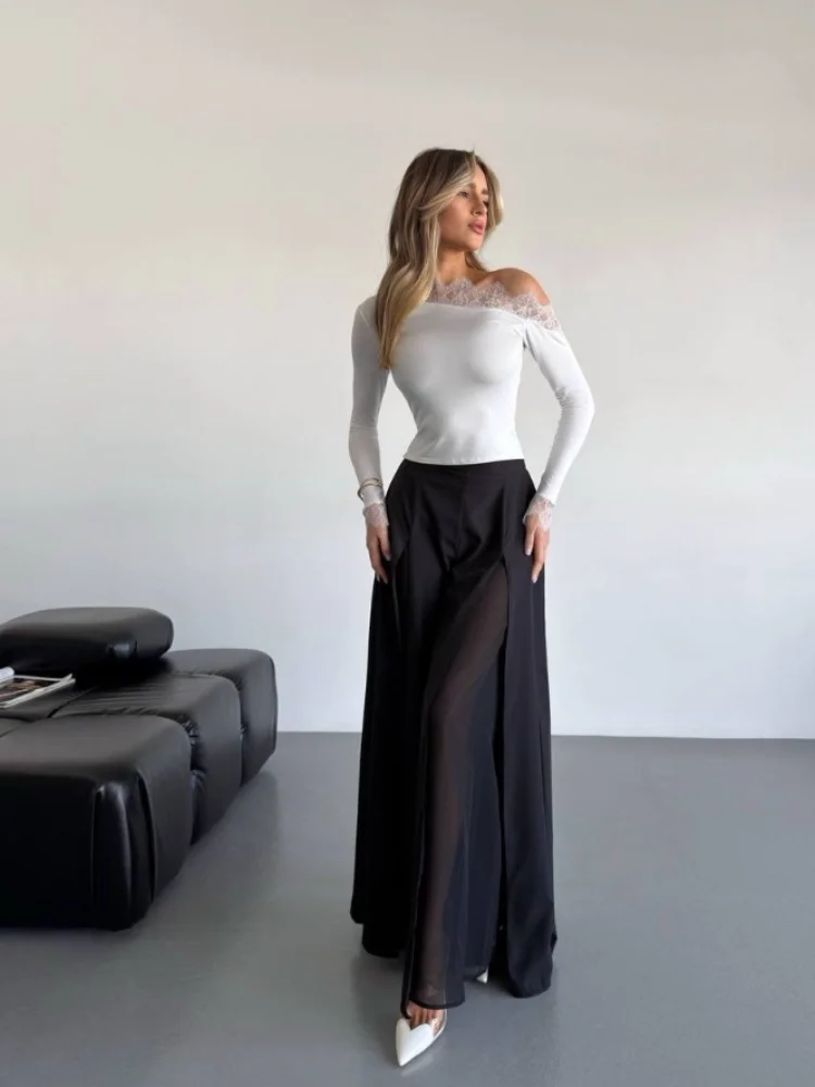 White Long Sleeve Women's Bodysuit Fashion Versatile Split Neck Cutout Detail Slim Fit Top 2026 Daily Commute Fashion Tops ﻿