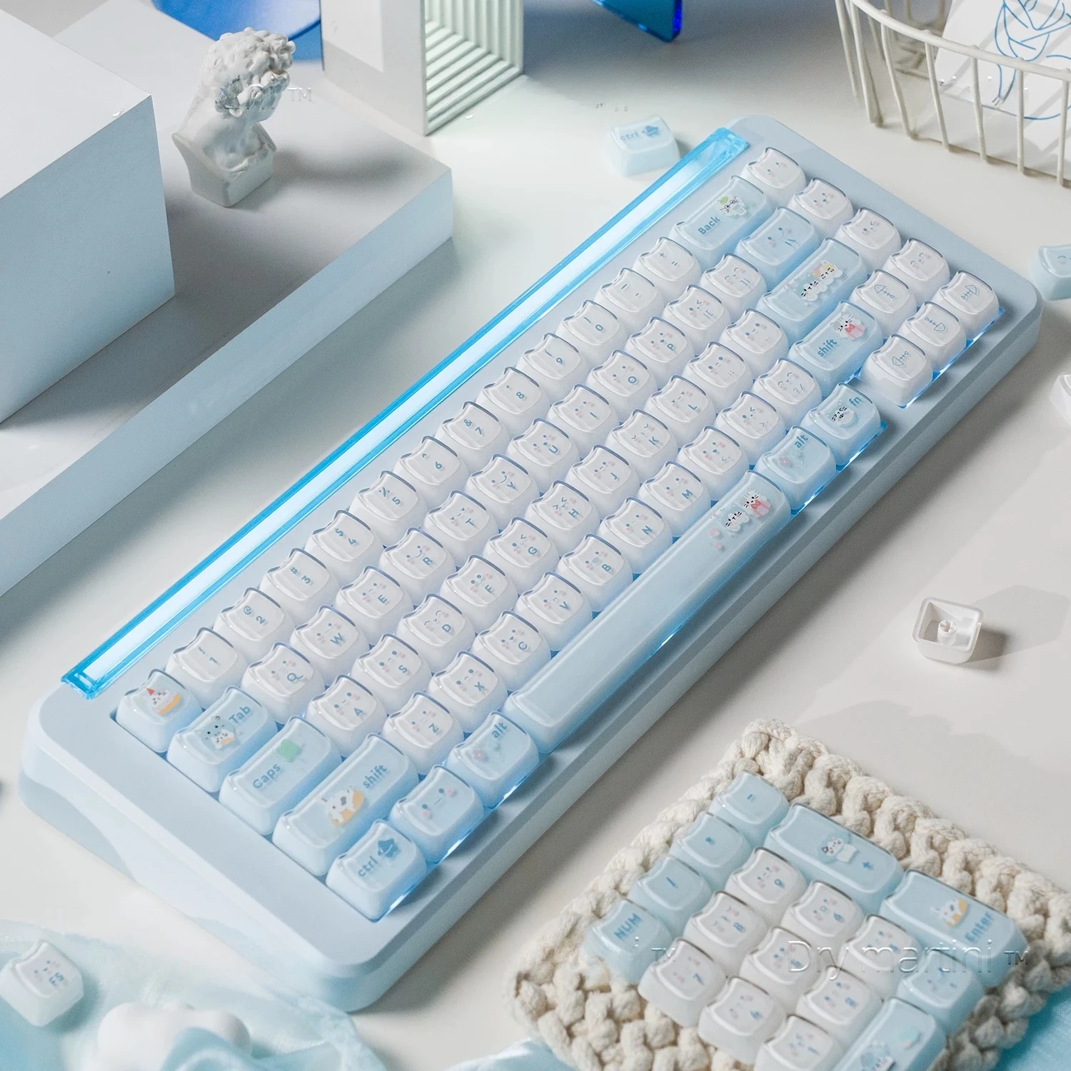 MAIMOOO Light Blue Cat Crystal Keycap MAO Profile PC Double-Color Kawaii Meow Ear Jelly Pudding Keycaps for Mechanical Keyboard