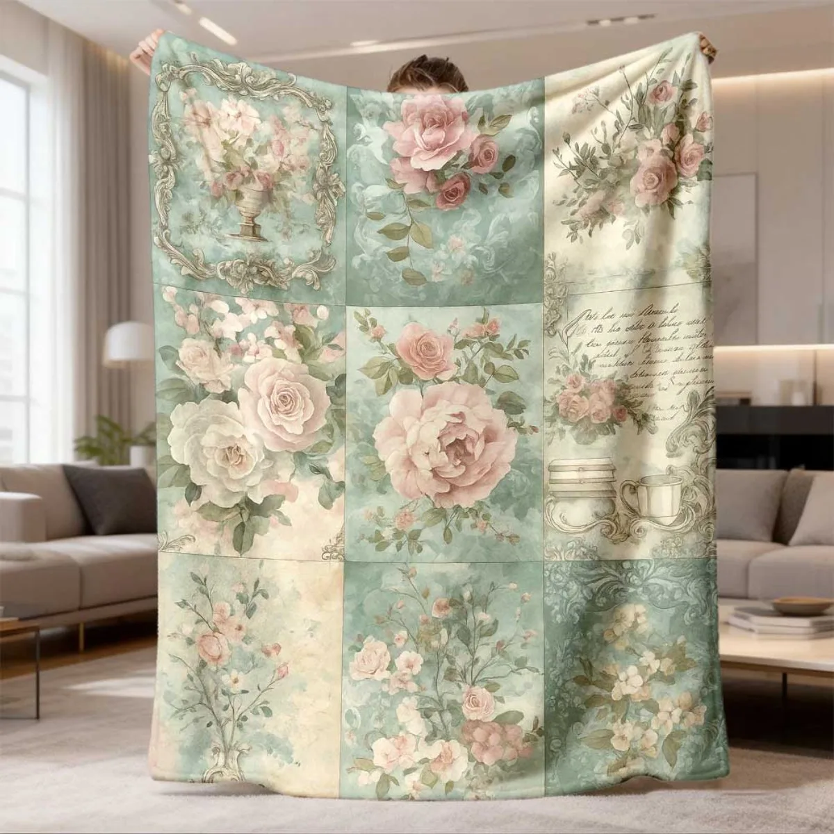 Vintage Shabby Chic Pink Rose Grid Patchwork Old Script Frame Flannel Throw Blanket Soft Cover for Sofa Bed Cottage Farmhouse