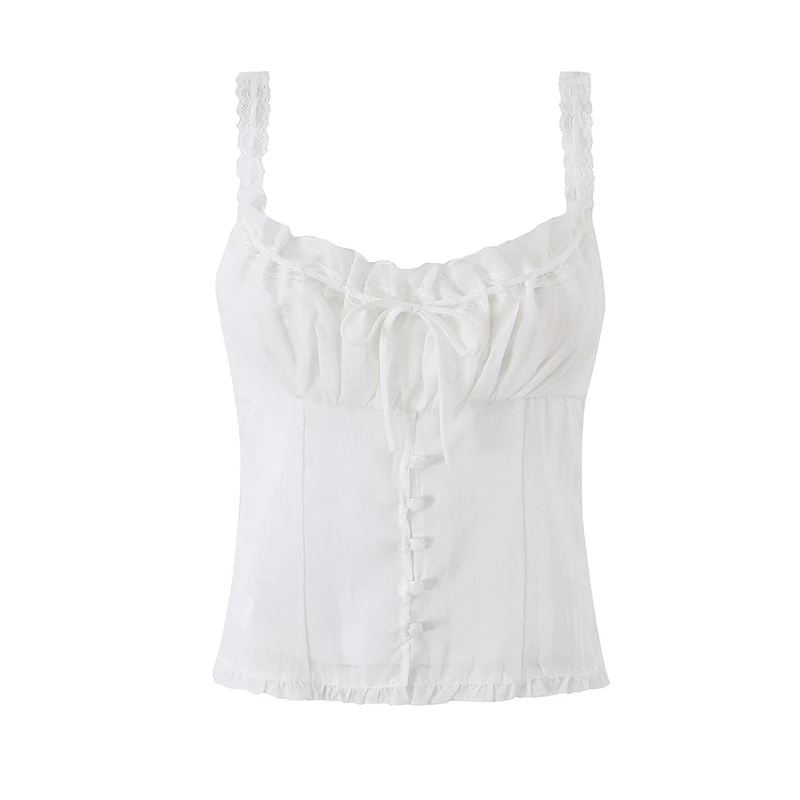 Women's White Lace Ruffle Summer Cami Top Front Tie Button Down Slim Romantic Camisole