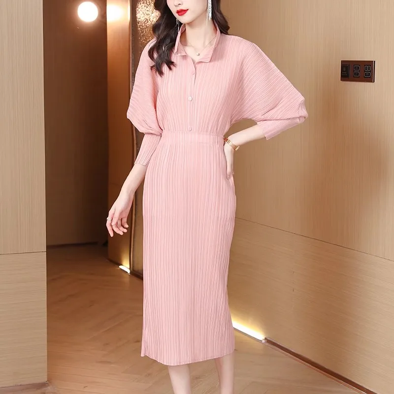 

2023 Spring Summer Pink Two Piece Set Fashion Women Stand Collar Lantern Sleeve Button Up Shirt +Bodycon Pleated Midi Skirt Suit