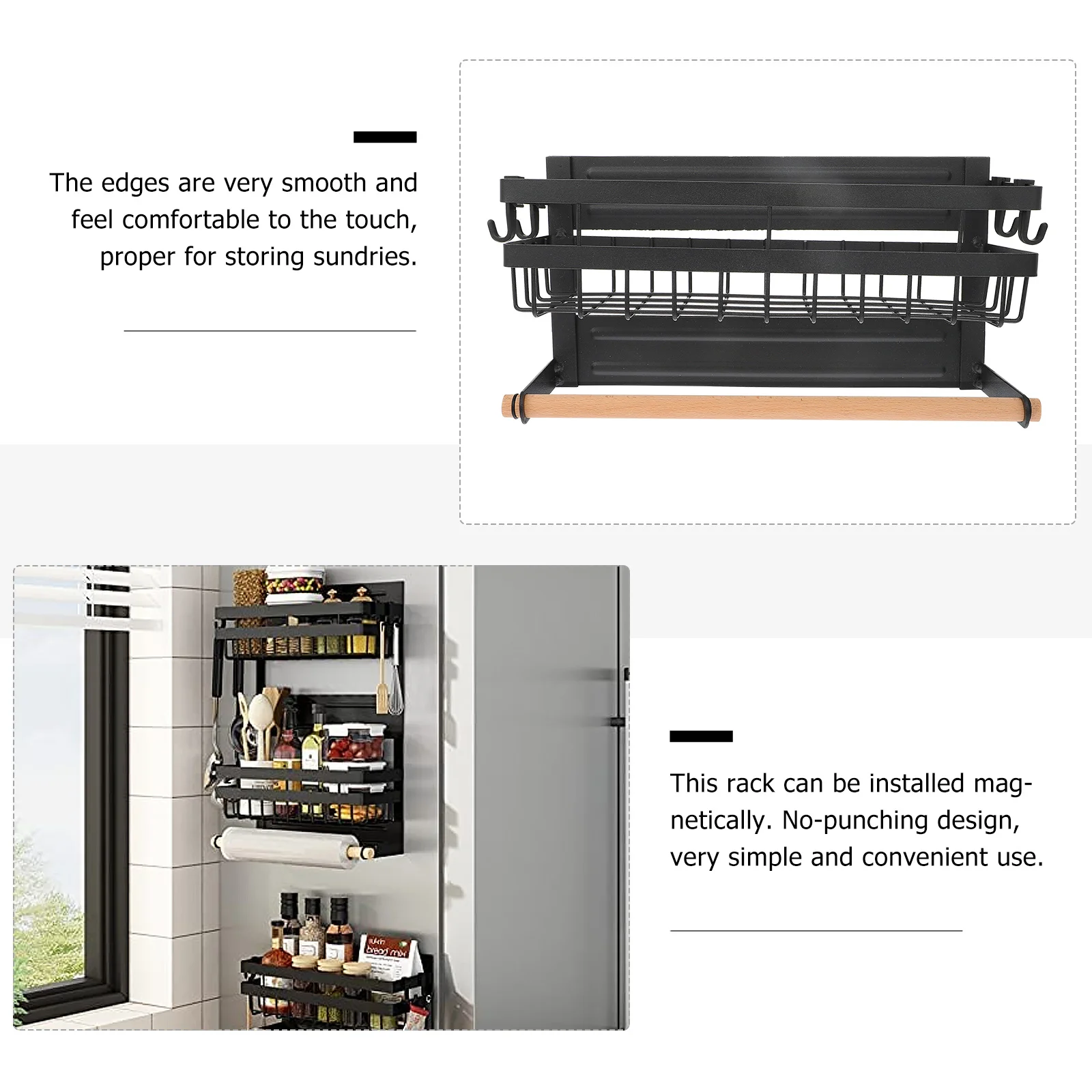 

1Pcs Wall-Mounted Storage Rack Magnetic No-Punch Holder Iron Wood Storage Shelf Kitchen Bathroom Organizer Hooks Large