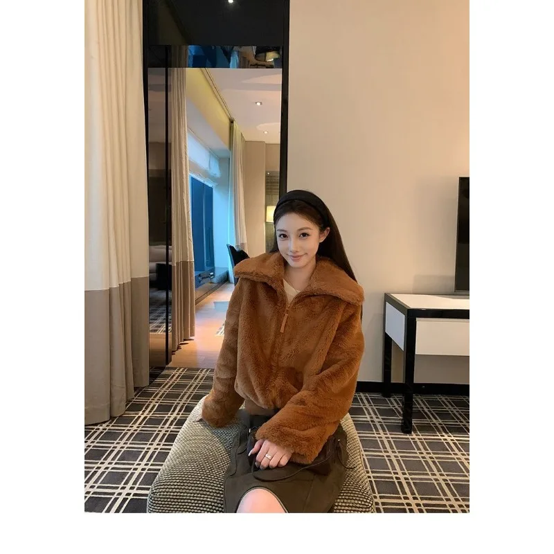 Womens Stand Collar Cropped Faux Rabbit Fur Jacket Thick Warm Winter Eco Friendly Fluffy Outerwear