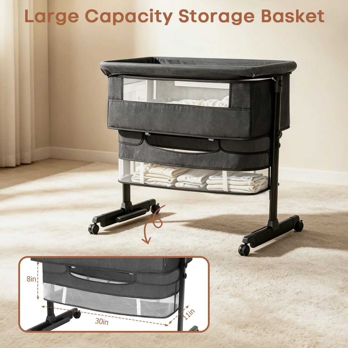Kmaier Portable Baby Bedside Sleeper Bassinet, Multi‑Level Height Adjustable Infant Crib With Locking Large Storage For Newborn