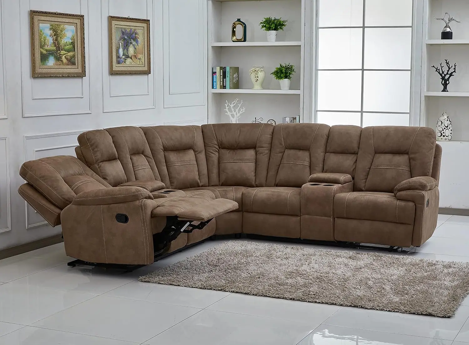 Large Microfiber Reclining Sectional Living Room Sofa in Latte 8038
