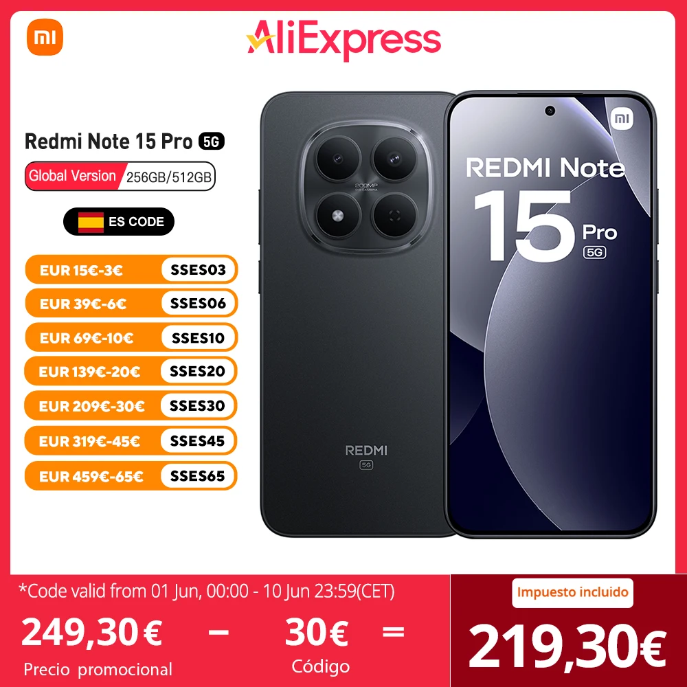 Xiaomi Redmi Note 15 Pro 5G Versión Europea 8+256GB MTK Dimensity 7400-Ultra Pantalla AMOLED 6,83" 1.5K, 120Hz, 200MP, IP68, NFC