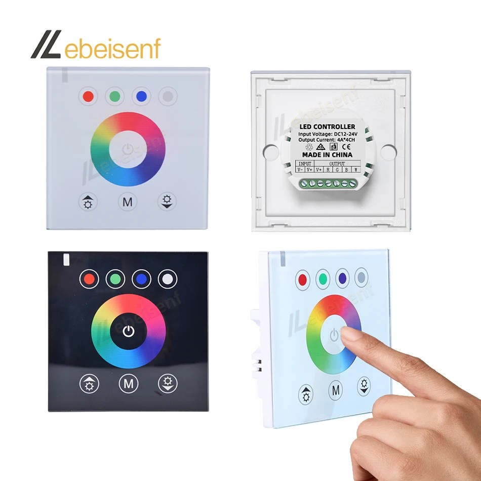 RGBW LED Controller DC 12V 24V 16A Colour Ring Full Touch Wall Mount 86 Glass Panel Dimmer Switch For 4CH 5050 2835 Strip Lights