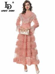 LD LINDA DELLA 2024 New Style Runway Designer Dress Women's Vintage Elegant Net Yarn Sequins Tassel Cascading Ruffle Dresses