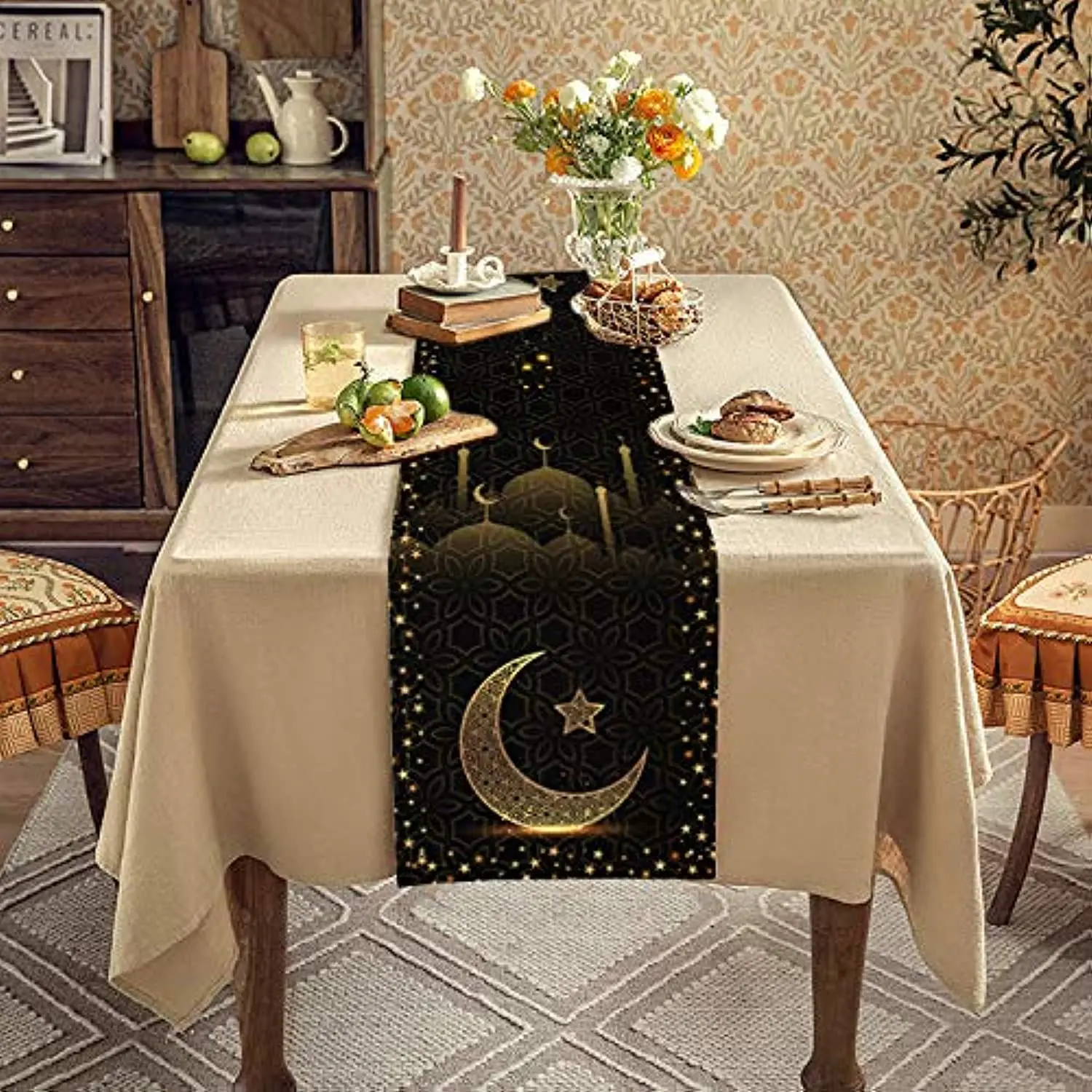 

Eid Mubarak table runner, cotton and linen table runner, black, gold, star, Moon, mosque, Ramadan decor