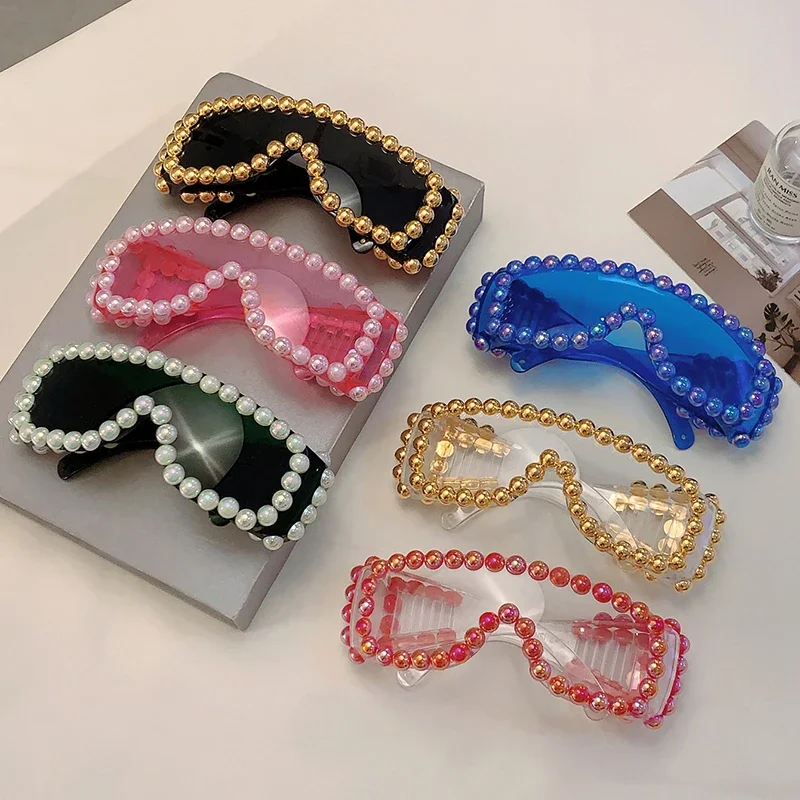 KAMMPT Women Chic Pearls Warp Around Sun Glasses Stylish Candy Color Decor Shades Original Brand Design Travel Holiday Goggle