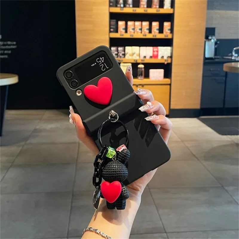 เกาหลีน่ารัก 3D หัวใจสีแดงรักสานหมีจี้สําหรับ Samsung Galaxy Z Flip 3 Flip4 กันกระแทก