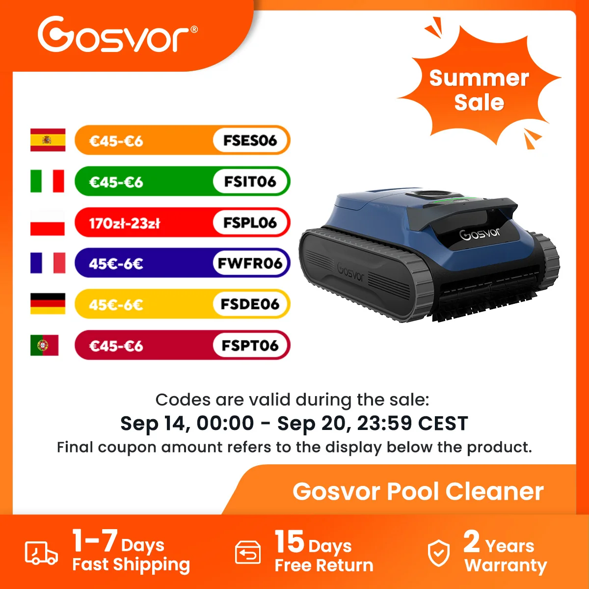 Gosvor LiteVac G1, robot pulitore per piscine senza fili, leggero (7 kg), per piscine fuori terra, con supporto per app.
