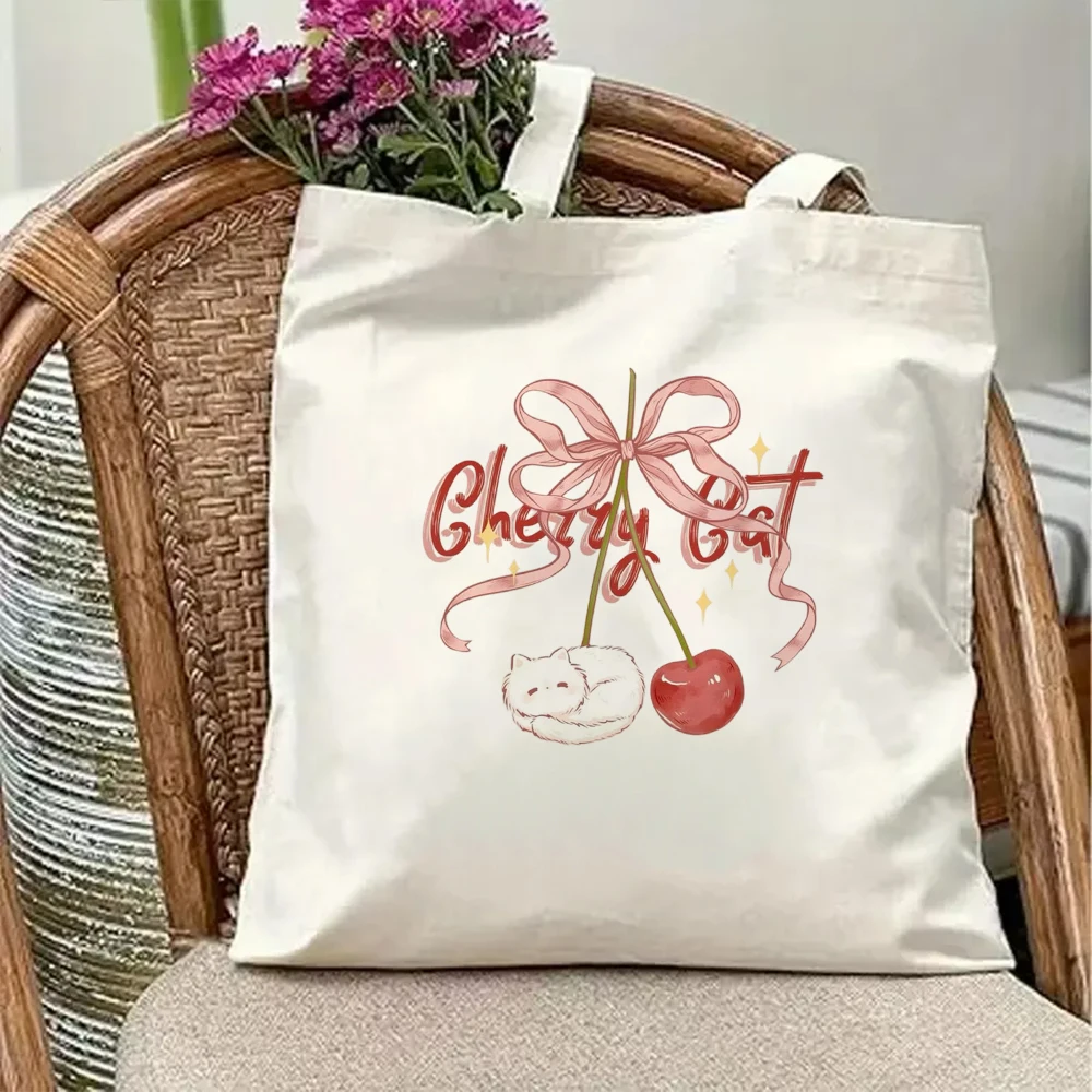 

Cute Cherry Cat Canvas Tote Bag Pink Ribbon Bow Fruit Kitten Art Print Reusable Summer Beach Shoulder Handbag Purse