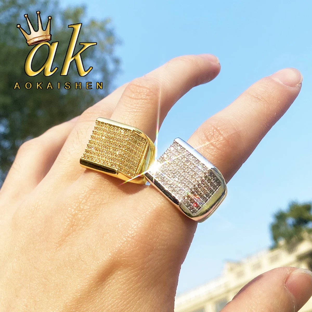 

Мужское кольцо Aokaishen Iced Out с позолотой и кубическим цирконием, в стиле хип-хоп