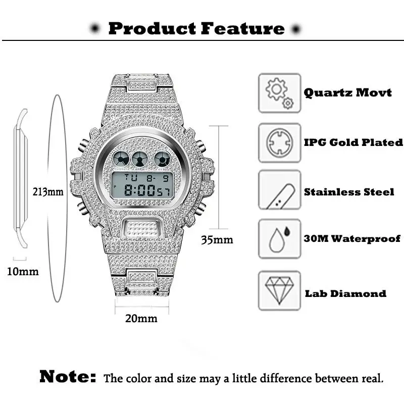 2022 Hip Hop Brand MISSFOX Sliver Fashion Watch Men Luxury Digital Smart Watches Full Iced Diamond Clocks Male Hot Free Shipping