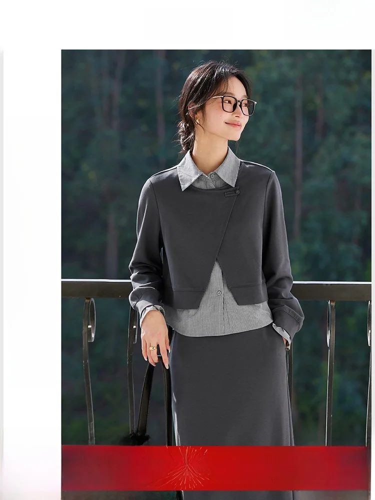 

Women's Faux Two-Piece Sweatirt Set Straight Skirt Long Sve Zipper Closure Stand Collar Split Design Autumn Faion Ense...