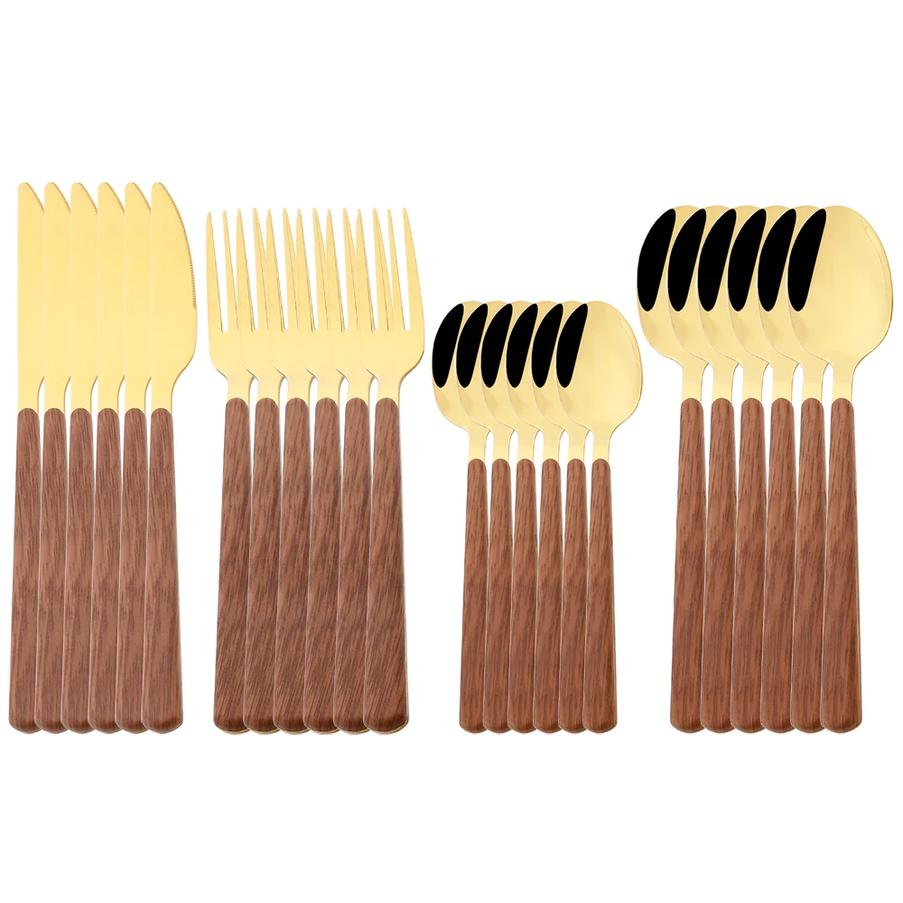 

24pcs Gold Imitation Wooden Handle Cutlery Set Stainless Steel Dinnerware Set Knife Forks Tea Spoon Tableware Western Silverware