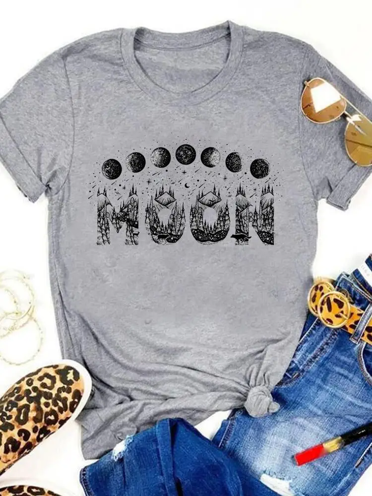 Summer T-shirts Cartoon Shirt Female Short Sleeve Print Women Love Letter Moon Trend Cute Clothing Fashion T Top Graphic Tee