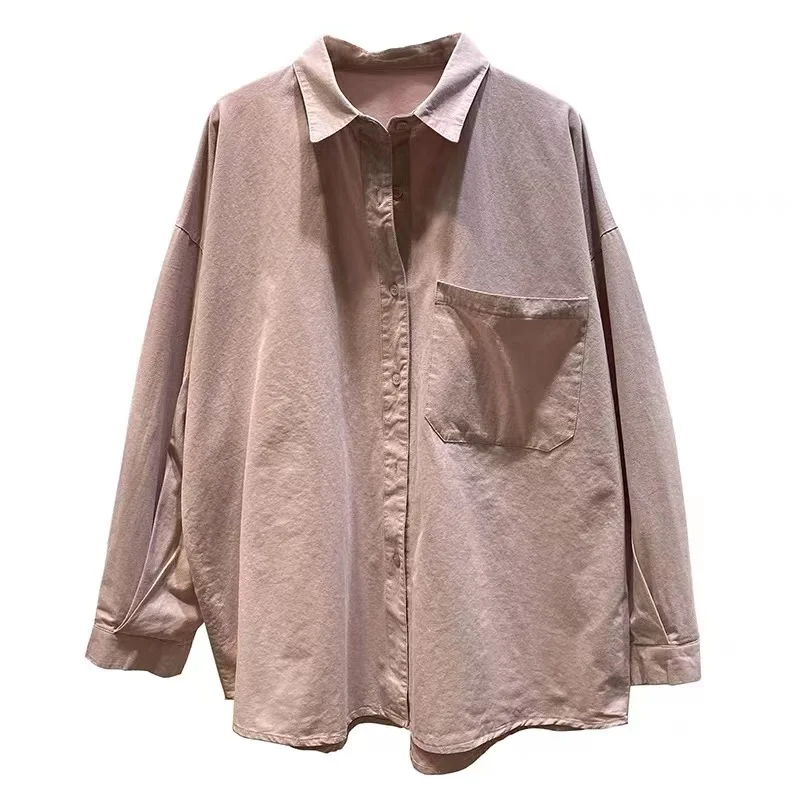 Loose Fit Pure Color Workwear irt Korean Japanese Brand Women's Casual Long Sve  Collar Cotton Blend Top