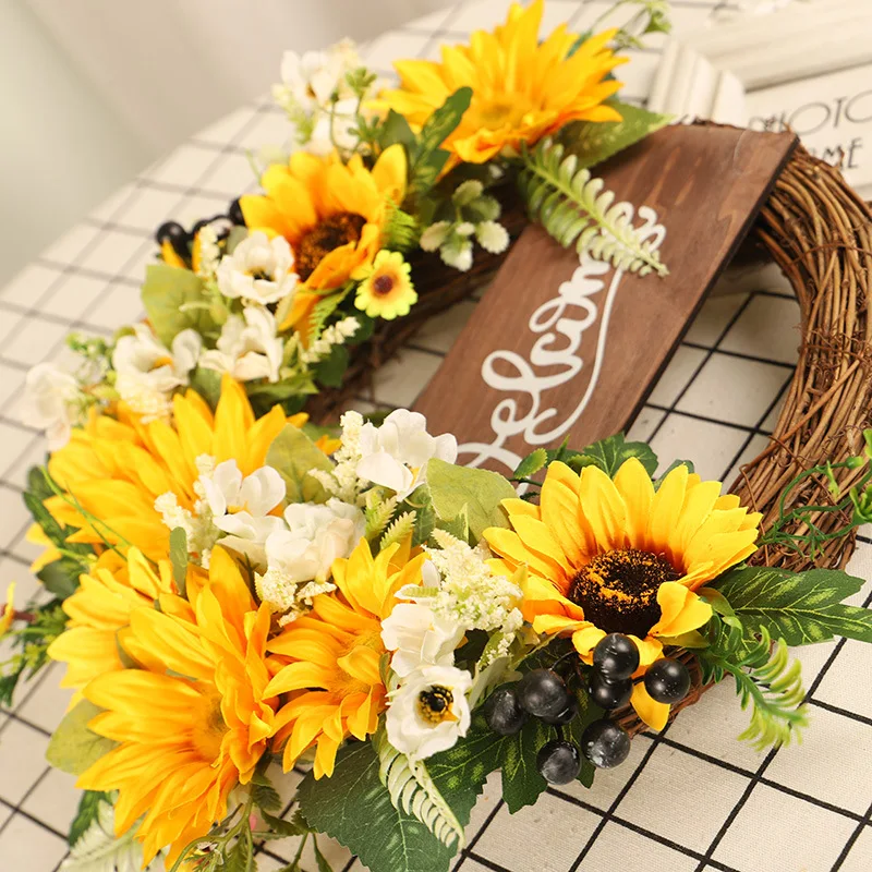 YeeNanee Spring Artificial Sunflower Wreath for Front Door Green Eucalyptus Wreaths with Welcome Sign Wall Window Outdoor Decor