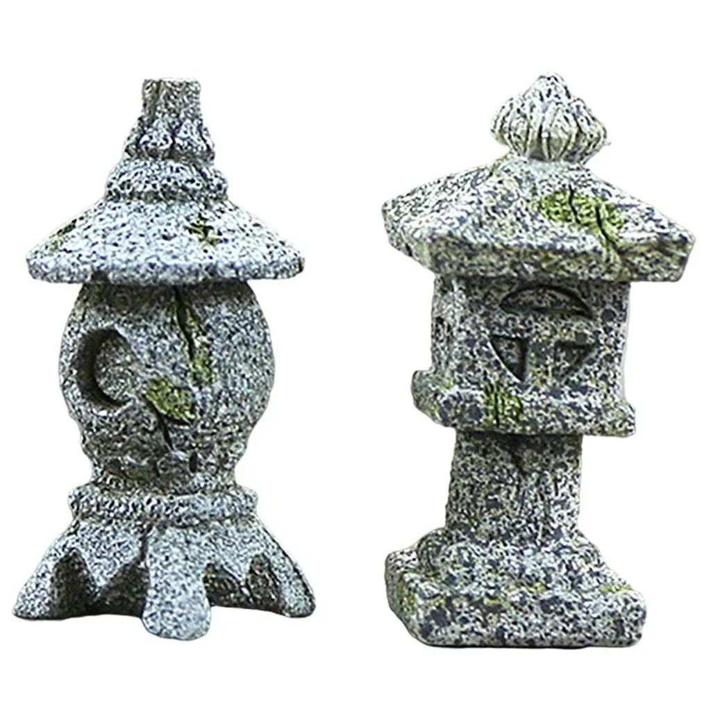 2 Pcs Resin Pagoda Lantern Statue ,Oriental Statue Tower Patio Bonsai Decoration, for Home Decor Statue
