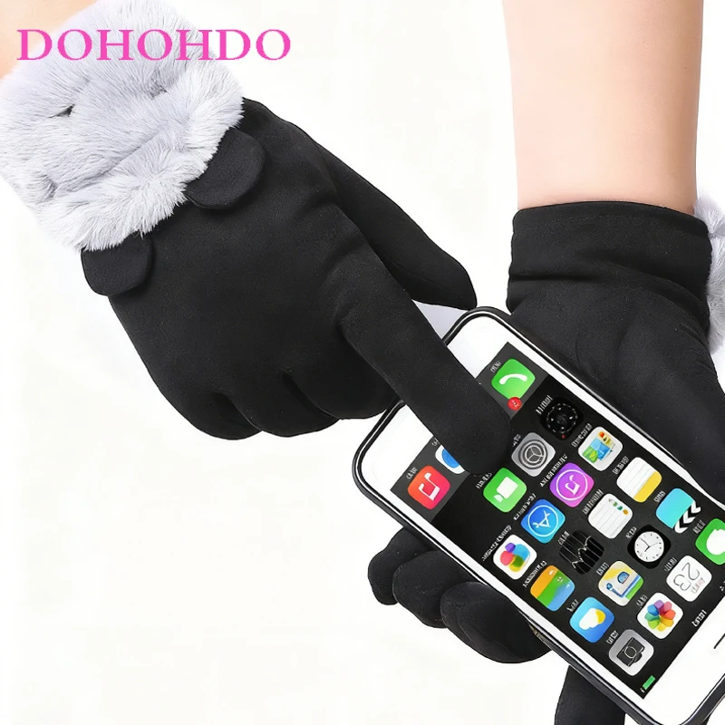 Guanti invernali da donna in pelle scamosciata e touch screen caldo e freddo imbottito in velluto Guanti neri Guanti da moto carini antiscivolo per equitazione all'aperto