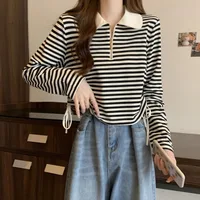 Women's Autumn Polo Shirt 2026 Striped Long Sleeve Drawstring Teddy Bear Collar Slimming T-Shirt - Image 3