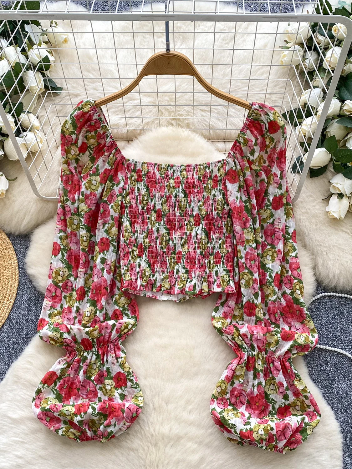 

French Sle Floral Print Bubble Sve Zipper ort irt Women's Faion oulder Bared Polyester Fiber Long Sve irt