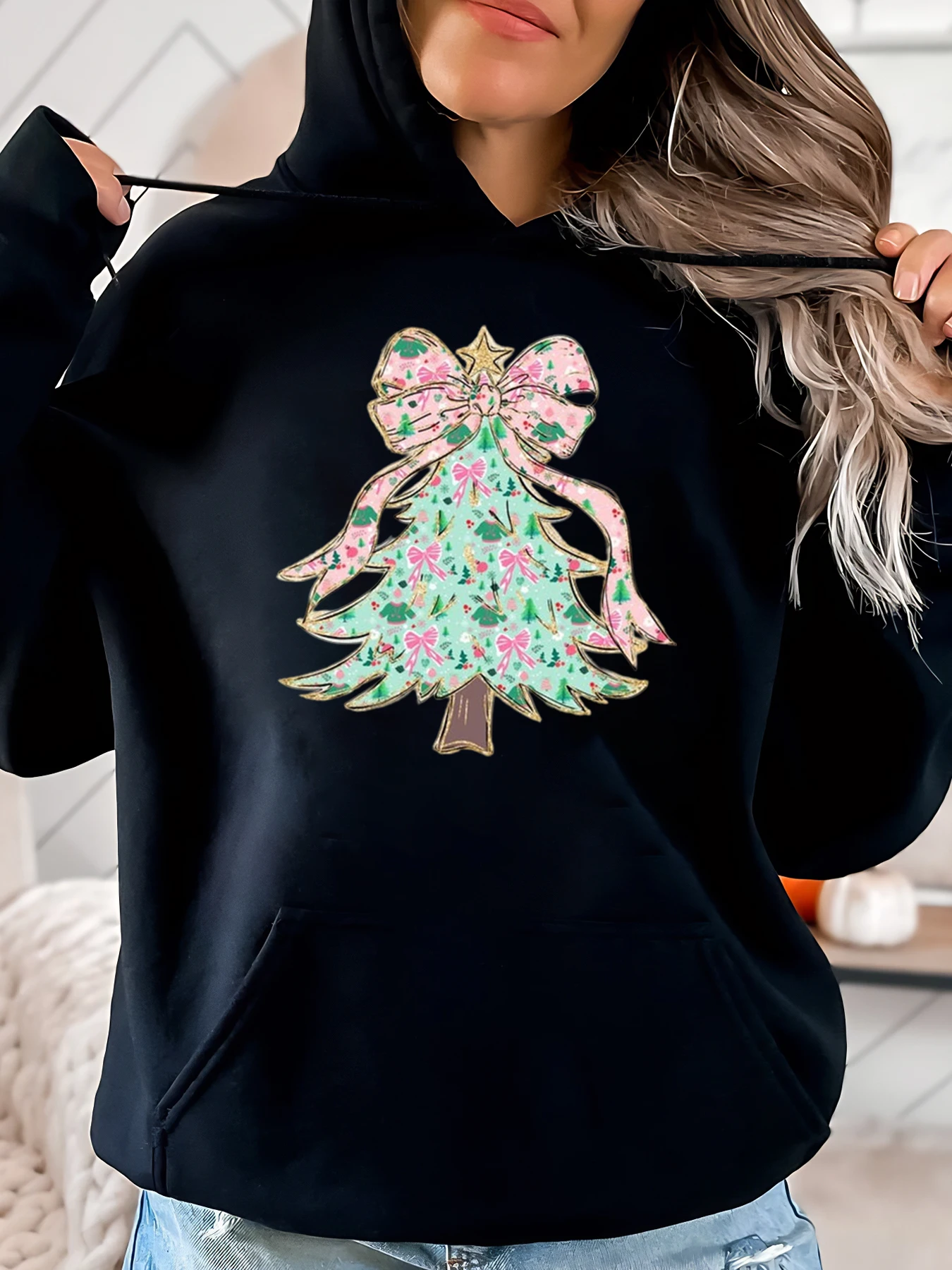 Sudadera con capucha navideña con estampado de árbol de Navidad floral Ropa casual para mujer Negro Tallas grandes
