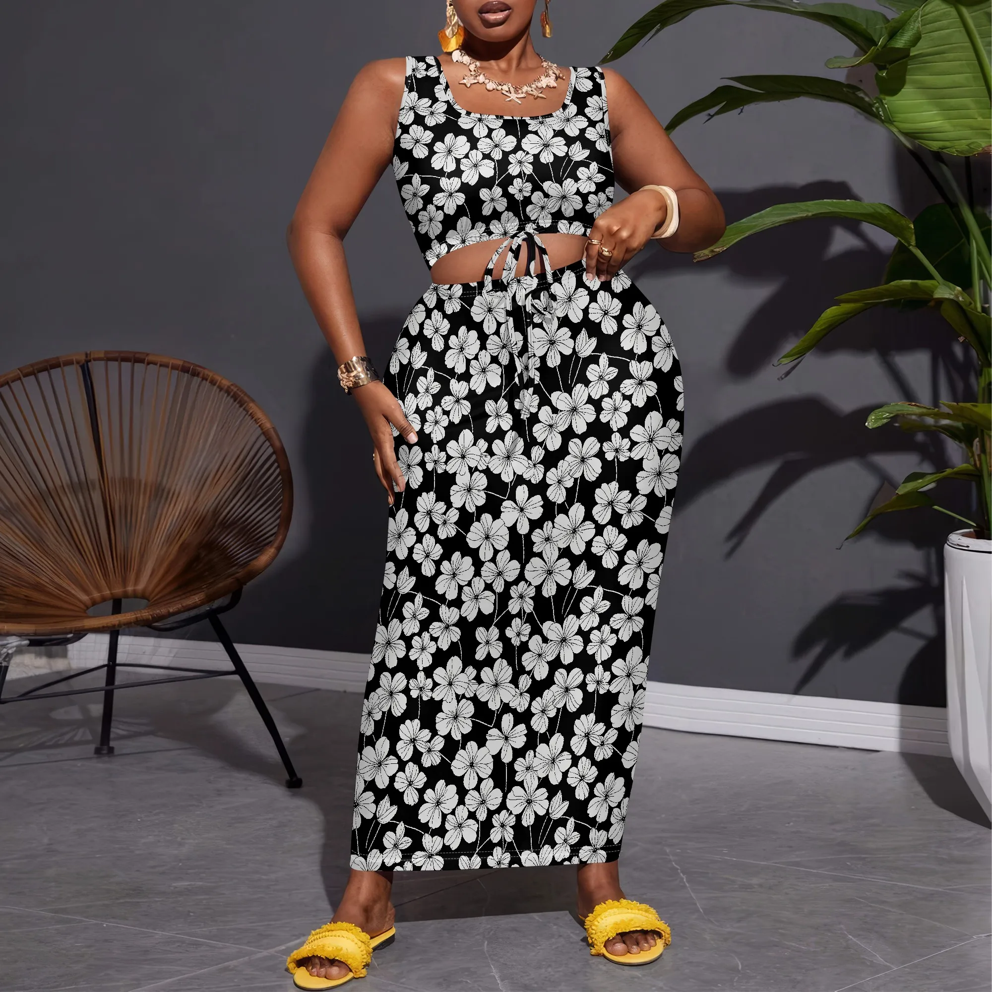 

Women's Summer 2 Piece Outfits Tank Crop Tops Long Skirt Set Sleeveless Maxi Dress with Pocket Nightclub Party Dress