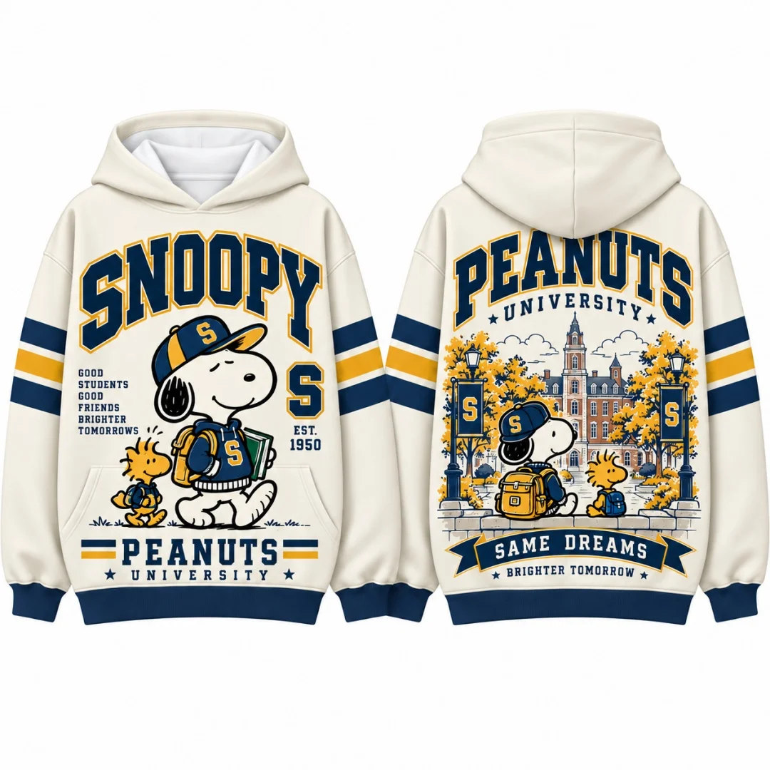 Snoopy Peanuts University Hoodie Men Women Vintage Campus Hooded Sweatshirt Long Sleeve Pullover Streetwear Tops Kids Clothes ﻿