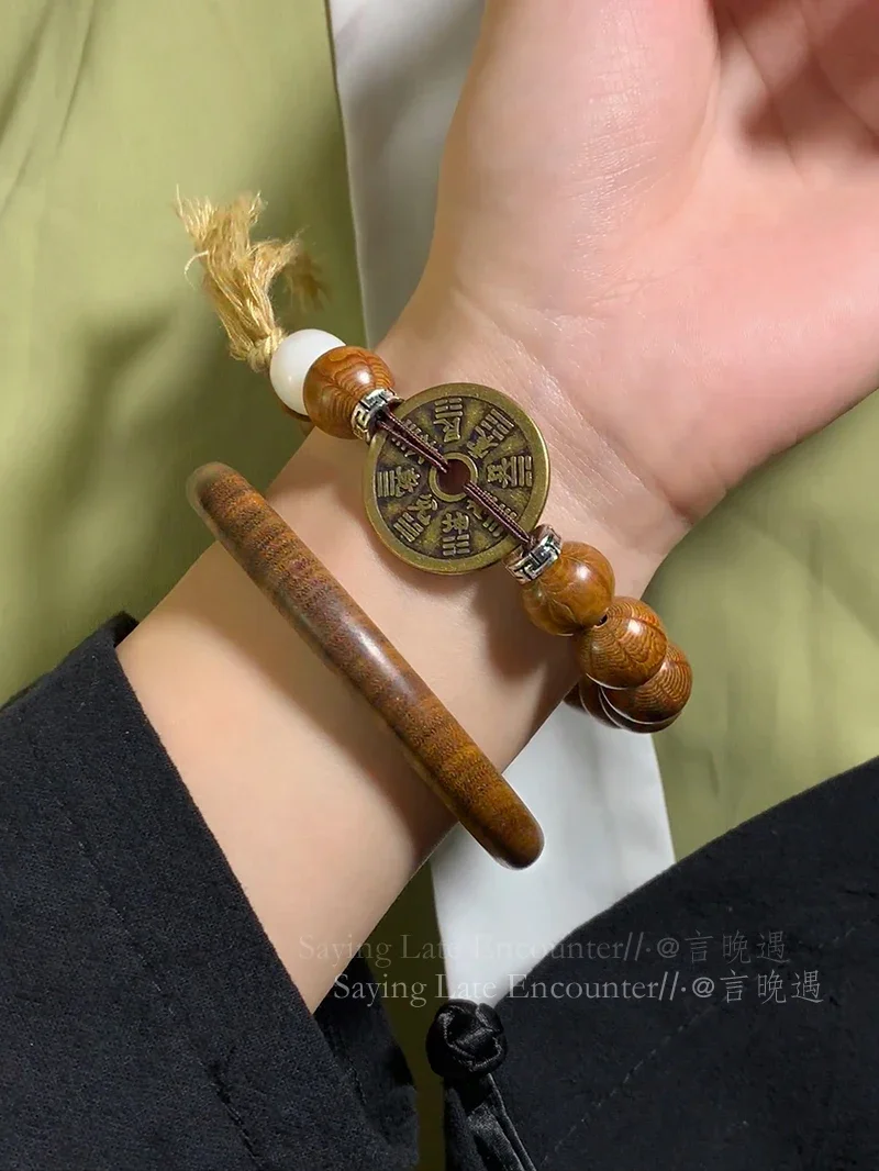 

New Six Wood Mountain Ghost Spending Sandalwood Beaded Wooden Bracelet Women's Summer Retro New Chinese Copper Charms HandString