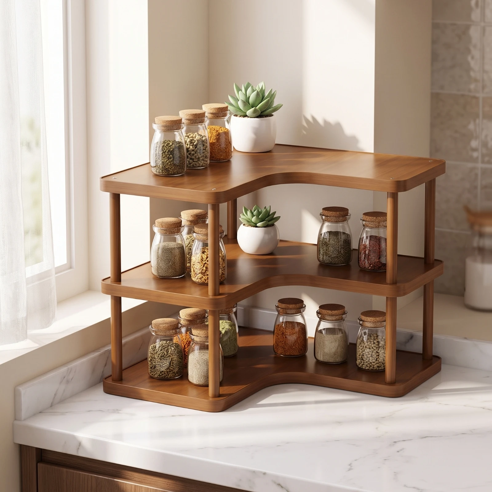 Corner Rack Bamboo Countertop Organizer Desktop Shelf Space-Saving Compact for Coffee Bar