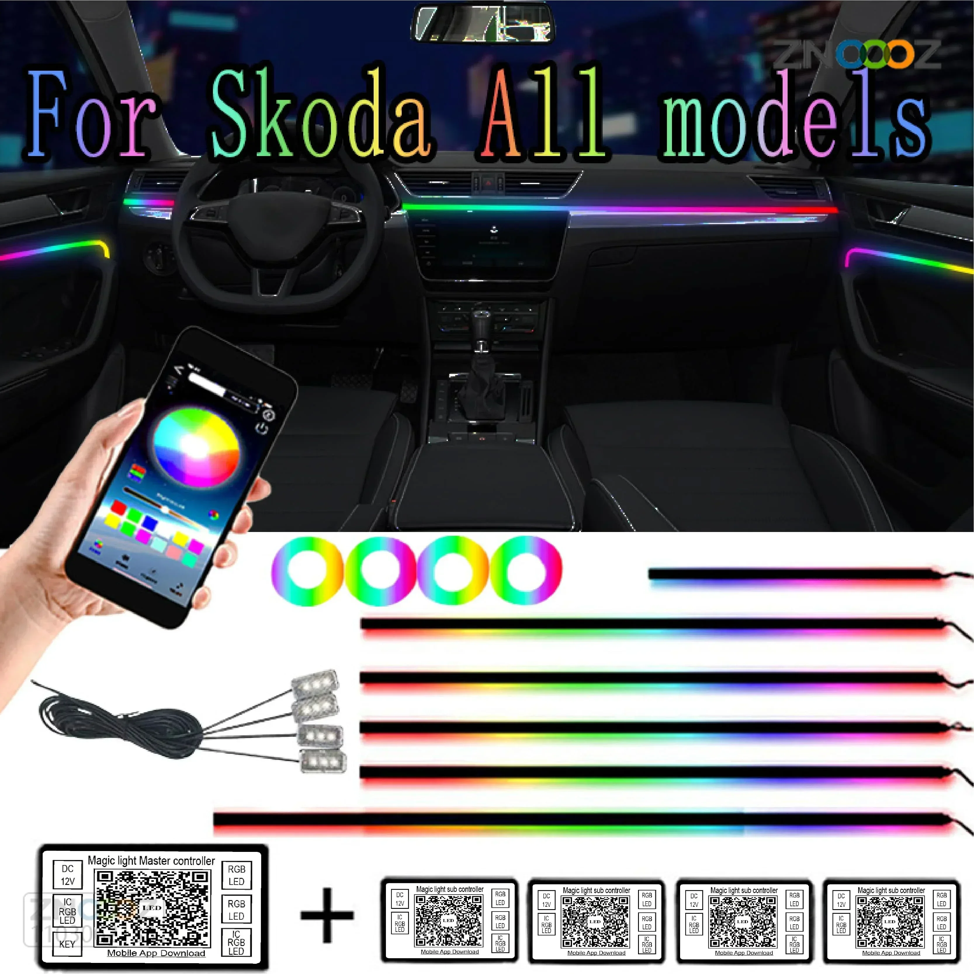 For Skoda 64 Color RGB Symphony Car LED  Interior Ambient Light