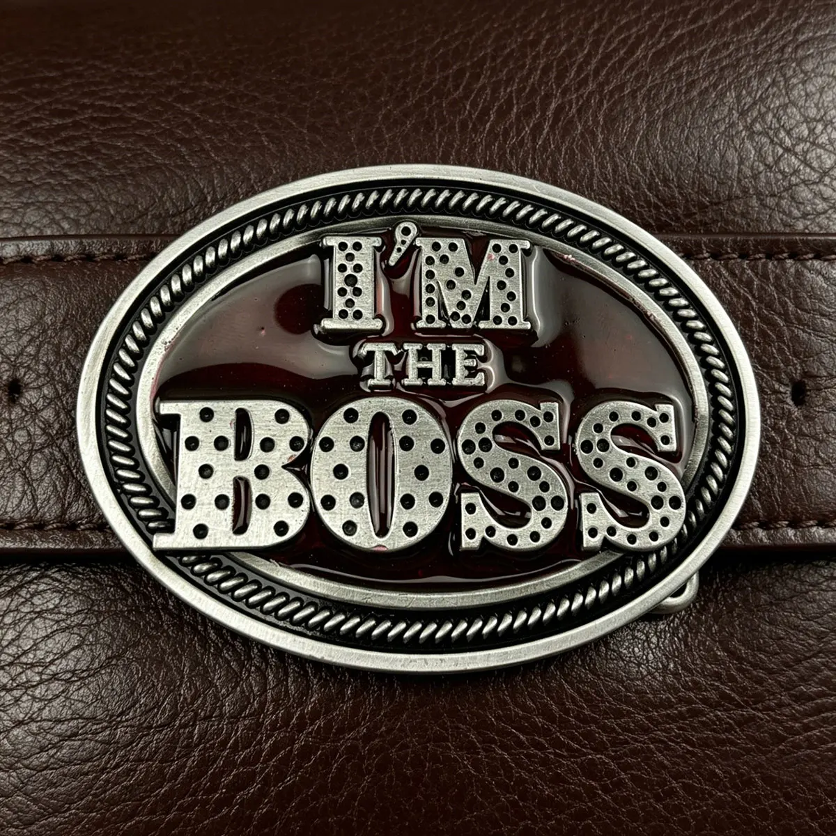 Oval Funny Boss Statement Belt Buckle - Retro Western Cowboy Style Embossed Red Belt Buckle for Men 4cm Standard Belt