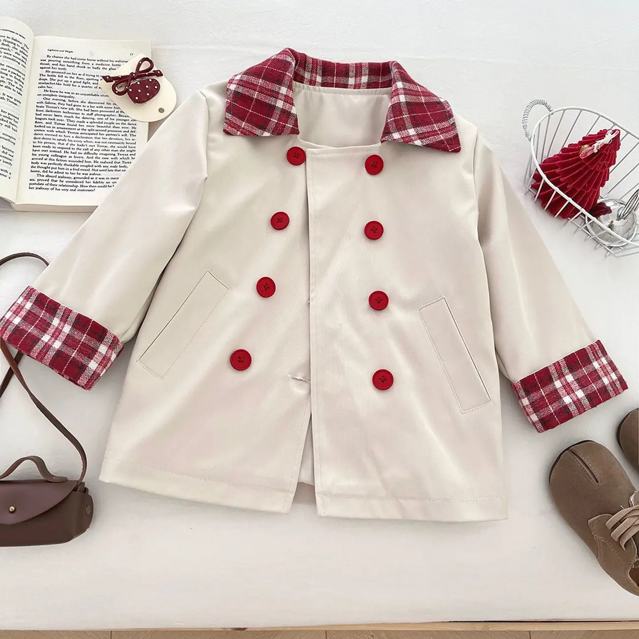 Autumn Children Girls Jackets British Style Plaid Turn Down Collar Toddler Kids Girls Outerwear Contrast Infant Babys Girl Coats