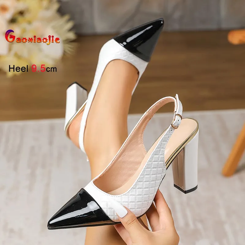 

Женские босоножки на высоком каблуке 9,5 см, модные, с острым носком, с низким вырезом, на шнуровке сзади, на толстом каблуке, из лакированной кожи, женская обувь