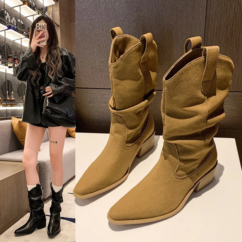 

Retro Pointed Toe Mid-Calf Knight Boots Western Cowboy Boots Slim Fit Chunky Heel Women's Over-Knee Boots Rubber Booties