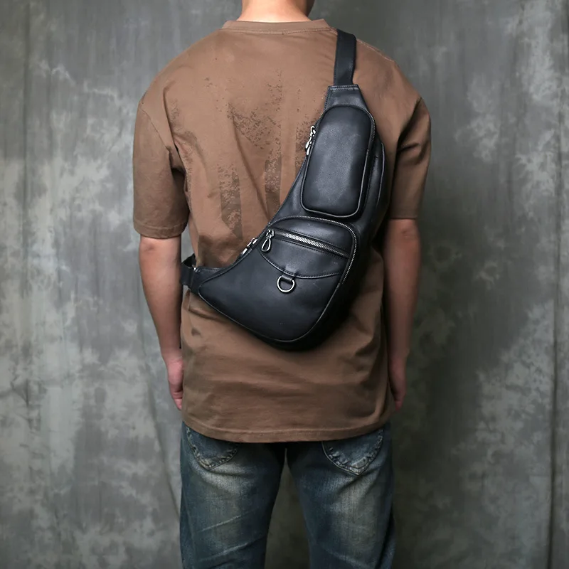 Men's Multi-Functional Top Grain Leather Chest Bag Spacious Durable Crossbody Shoulder Bag for Casual Daily Use