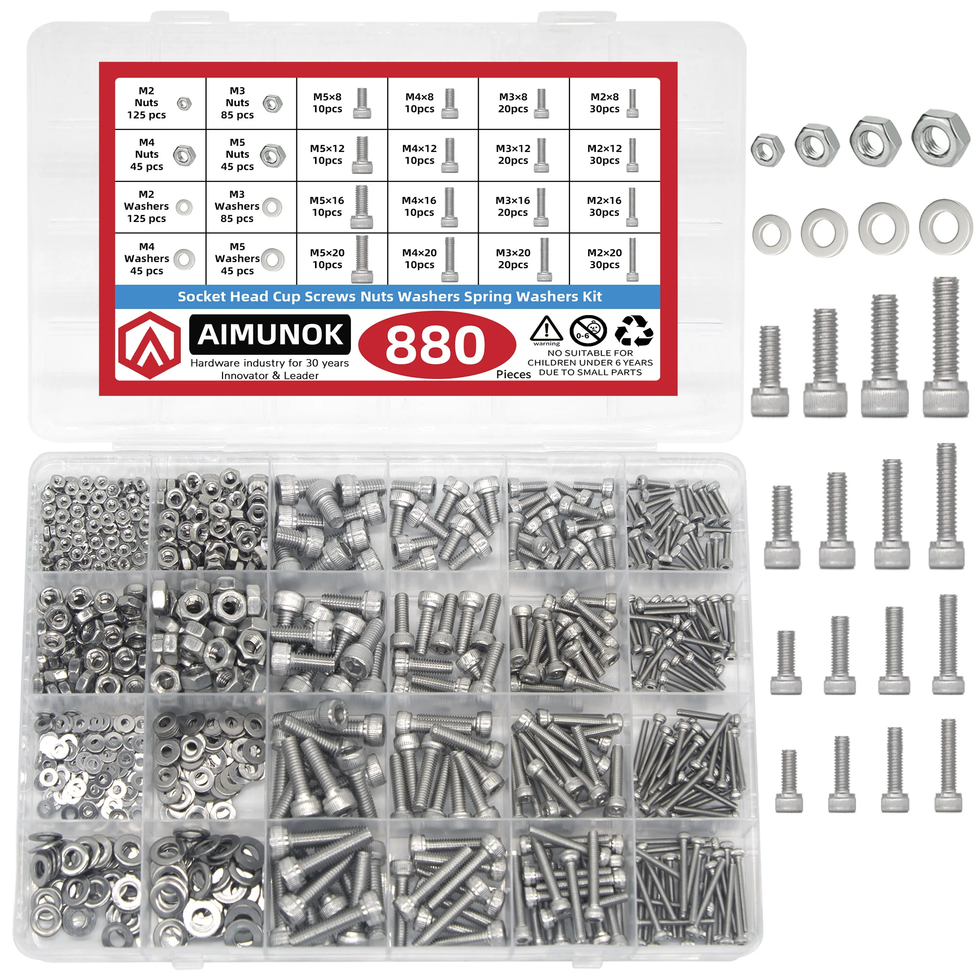 

880PCS Socket Head cup Screws Nuts Washers spring Washers Kit M2 M3 M4 M5 Hex Socket Bolt Length 8-20mm