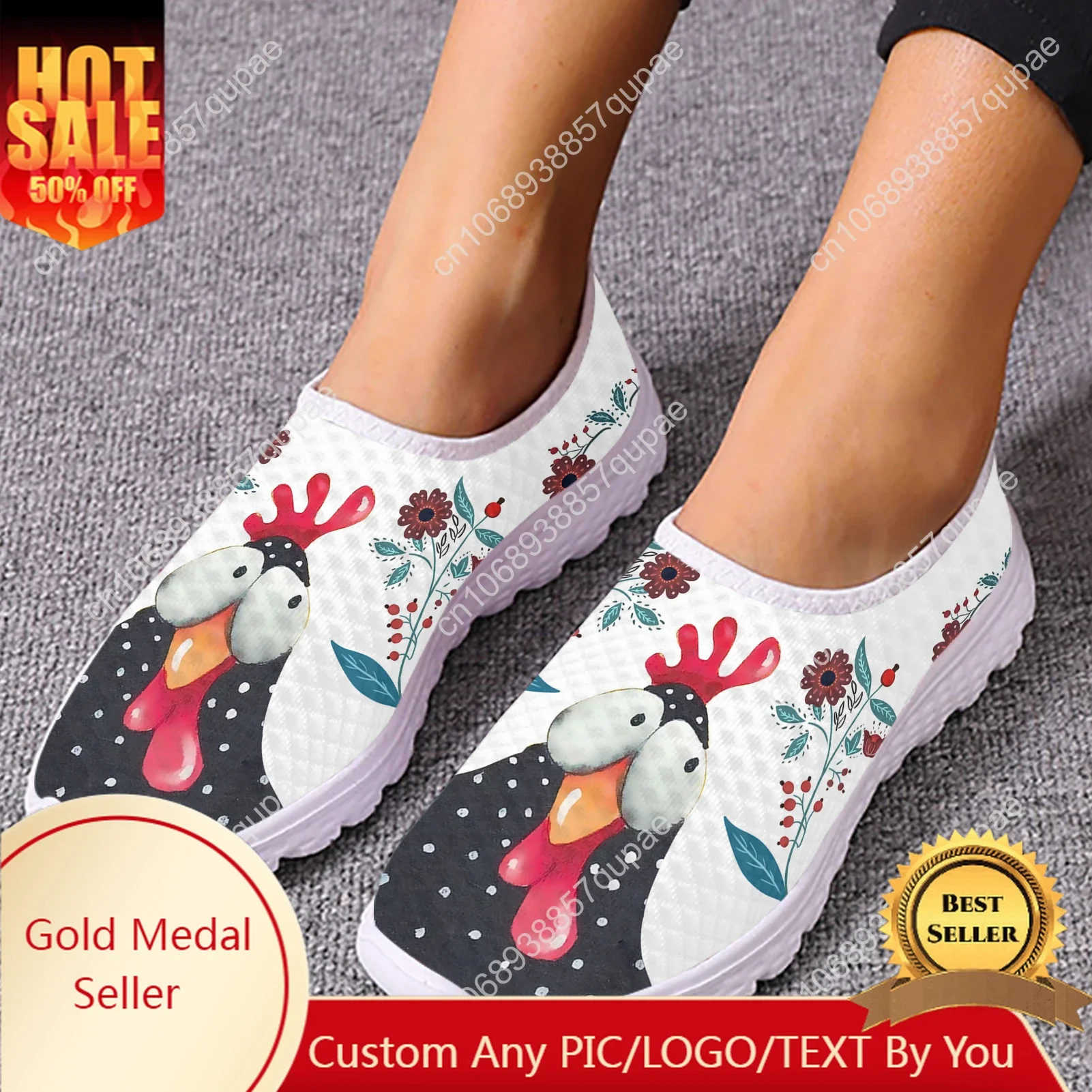 

Cute Cartoon Rooster Flower Mesh High Quality Sneakers Women Men Teenager Casual Fashion Custom Made Tennis Flat Couple Shoes