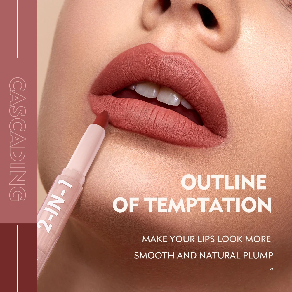 Delineador labial fosco de ponta dupla, à prova d'água de longa duração, não pegajoso, desenvolvimento de cor alta, textura suave para maquiagem labial, 1 peça