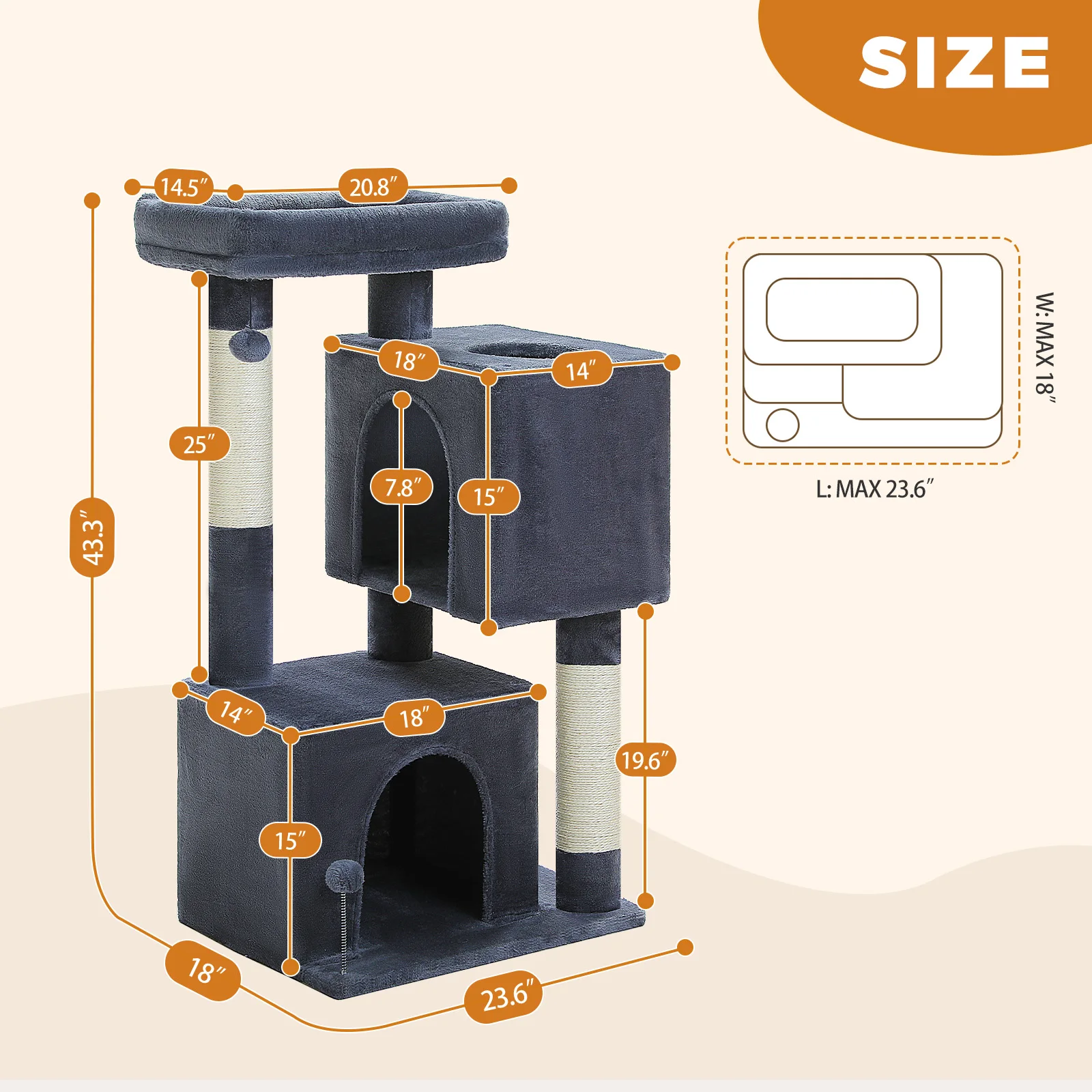 

3 Level Cat Tree Tower 44 Inches Tall with Cozy Cat House Large Condo Joyful Pompom Natural Sisal Scratching Posts,Indoor Cats
