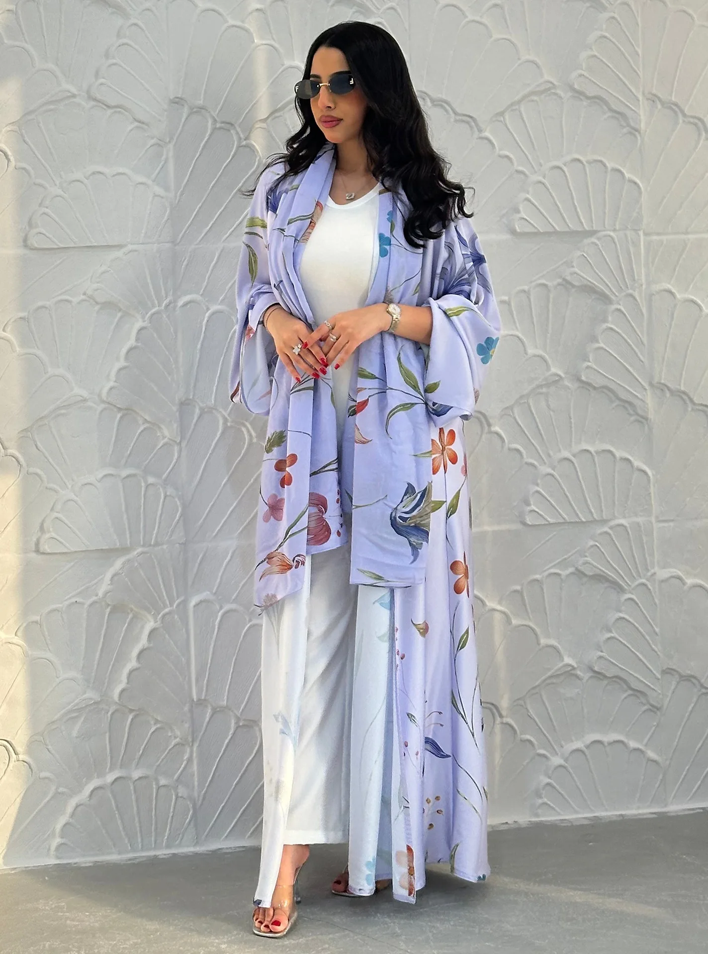 

Floral Printed Open Abaya Arabic Dubai Cardigan with Scarf 2 Piece Set Muslim Women Outfit Gowns Islam Long Dress Outwear Kimono