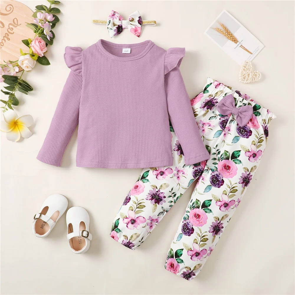 1-5Years Toddler Girl Clothes Set Long Sleeve Solid Color Top+Floral Pants  Fashion Spring & Autumn Little Girl Clothing Outfit