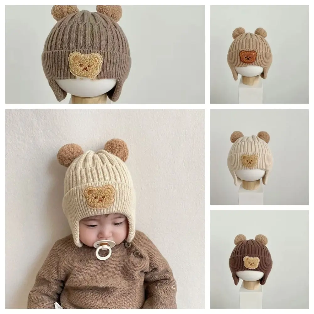 

Protection Cartoon Bear Ear Protection Knitted Hat Solid Color Thermal Hat Baby Beanie Cap Skullies Wool Kids Crochet Hats Girls