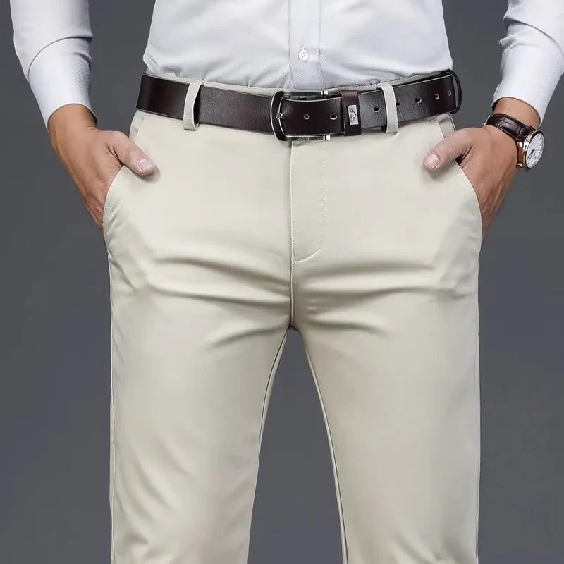 High Waist Straight Regular Fit Stretch Trousers for Men Size 40 42 Spring Summer Casual Khaki Black Male Pants