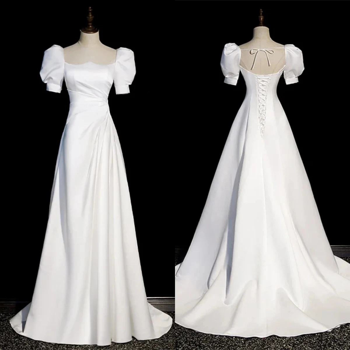 

Evening Dress White Satin Strapless Simple Pleat Short Puffy Sleeves A-line Floor Length Trailing Plus size Women Party Gown